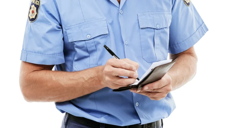 Police officer writing in police notebook.